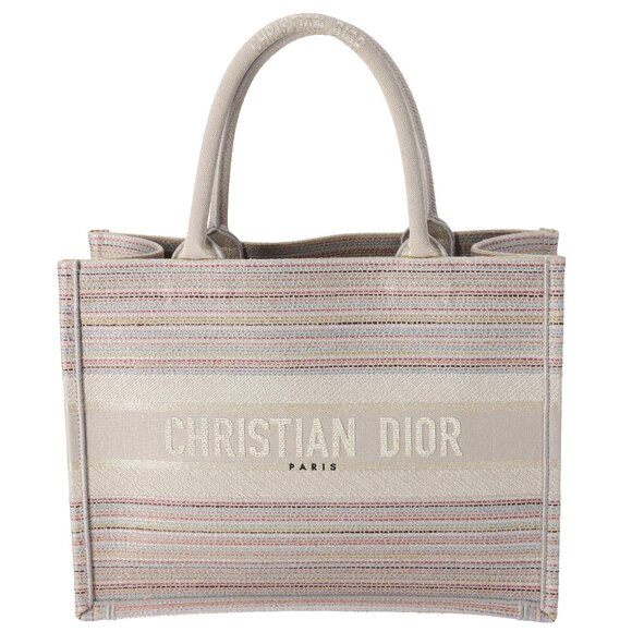 Christian Dior Medium Book Tote Canvas Embroidered Stripes Beige Multicolor - Picture 1 of 9